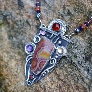 Colorful TeePee Canyon Agate w/Multi-Gem Accents Necklace & Earrings